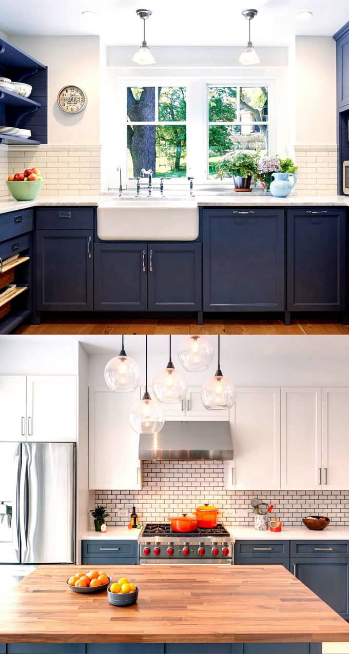 two tone white and navy blue kitchen cabinet paint colors.