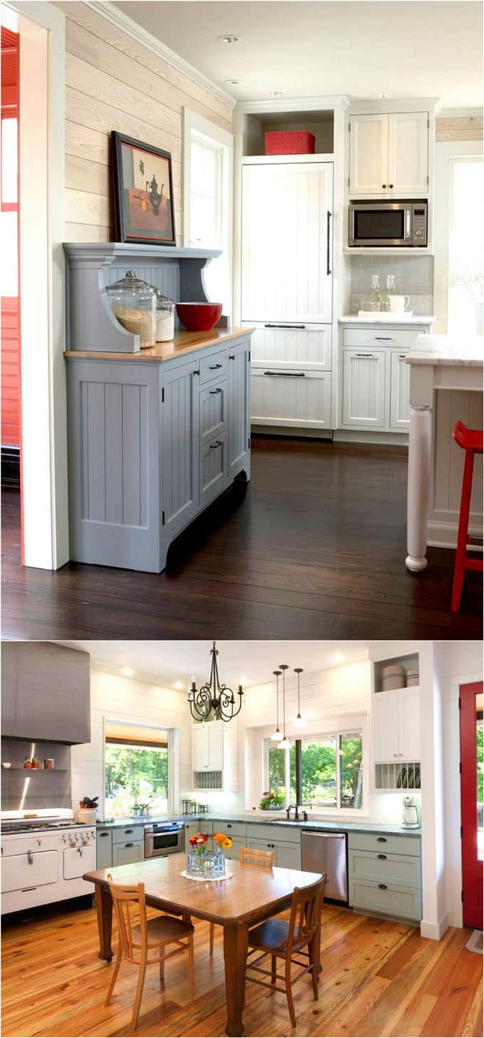 farmhouse kitchen with french blue kitchen cabinet paint colors.