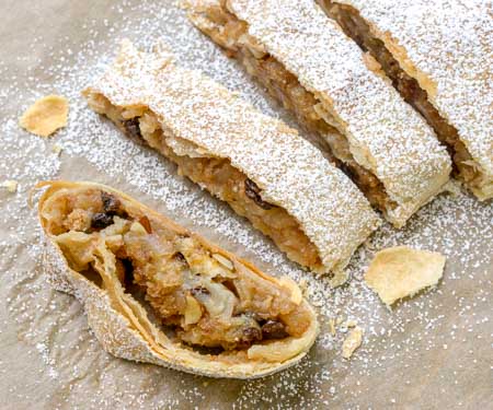 Wiener Apfelstrudel is a classic Viennese apple dessert that you probably know by the name of Apple Strudel. Flaky layers of strudel dough encase a bright fall apple filling that is studded with raisins and almonds. If you love apple pie, apple strudel is sure to be a winning recipe! 