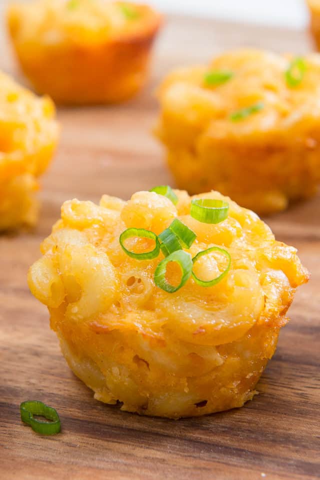 Mac and Cheese Cups - Served on Wooden Board with Scallions On Top