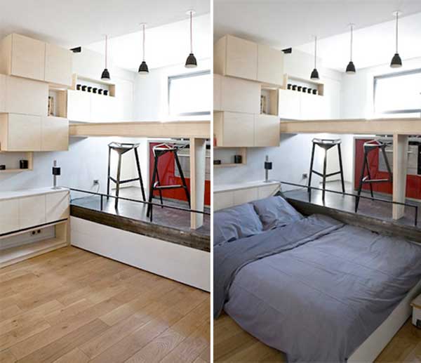 Hidden bed under raised floor from architect Juliena Bucet