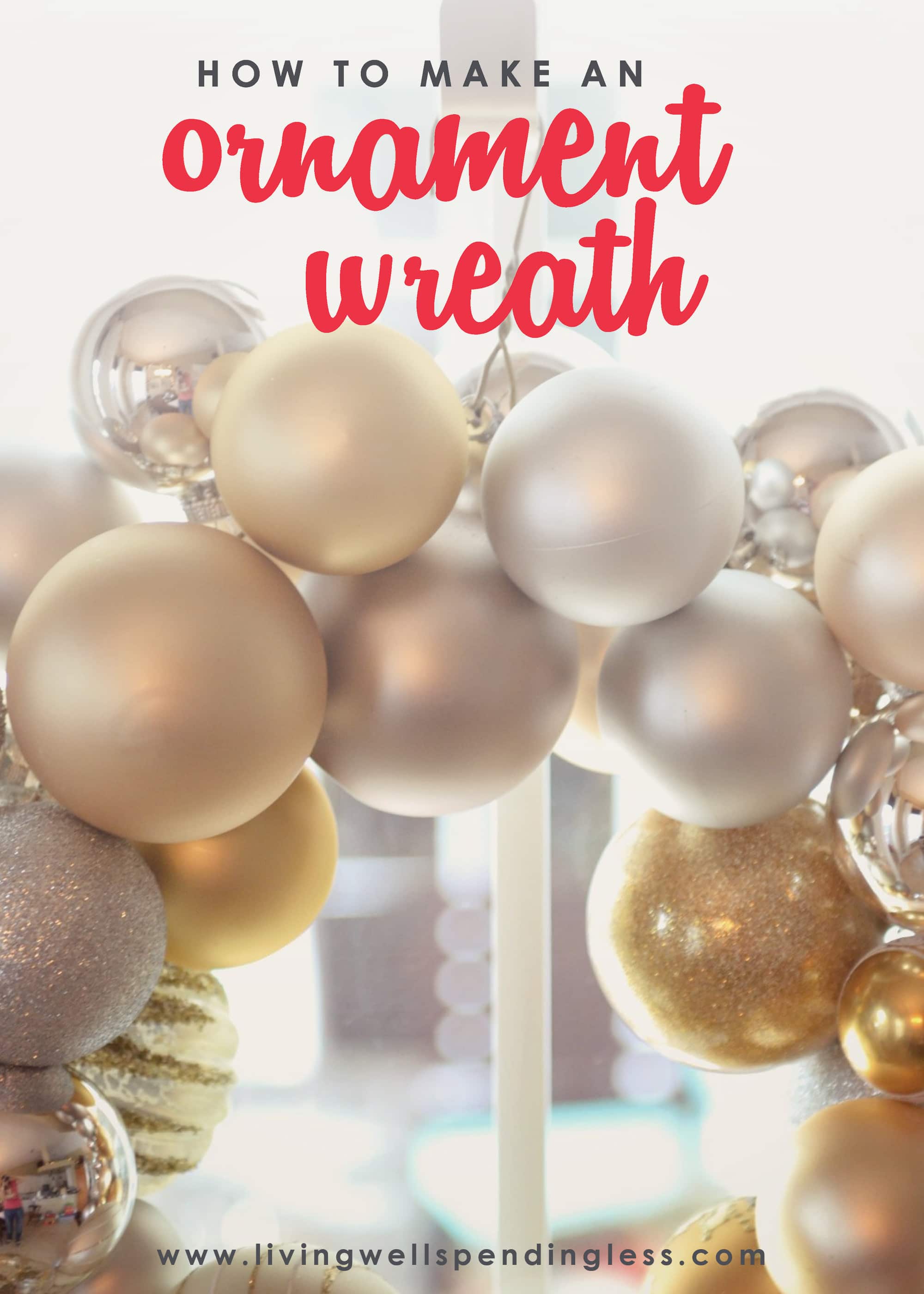 Looking for a fun decor project this Christmas? This DIY ornament wreath is festive and easy to make with wire hangers, pliers, ribbon and spare ornaments!