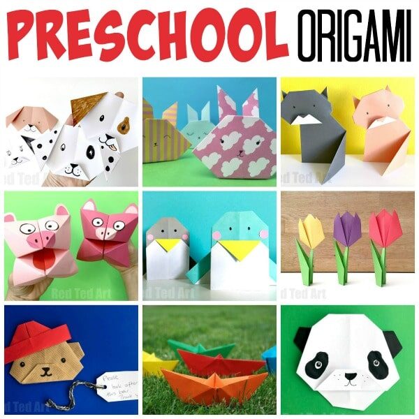 Collage of Origami Projects to make with Preschoolers and beginners